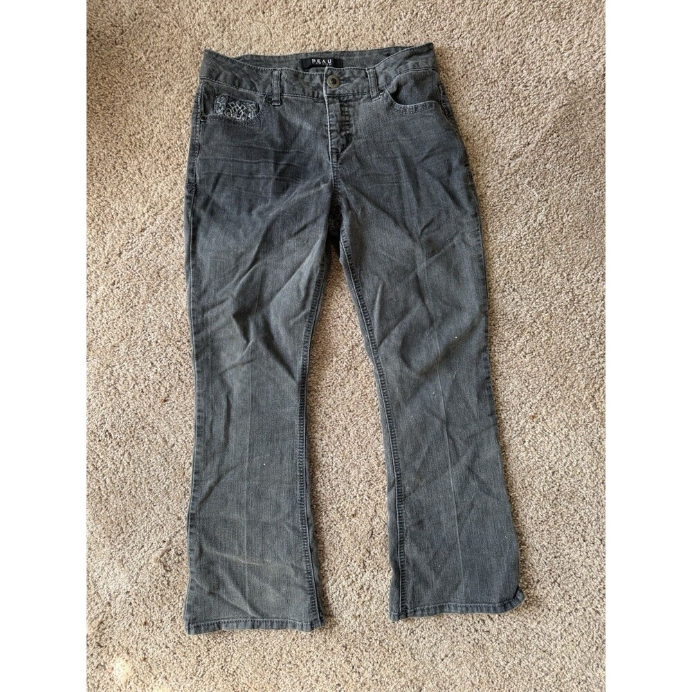 Beau Dawson Embroidered Stretch Gray Denim Women's Jeans Button Zip Petites